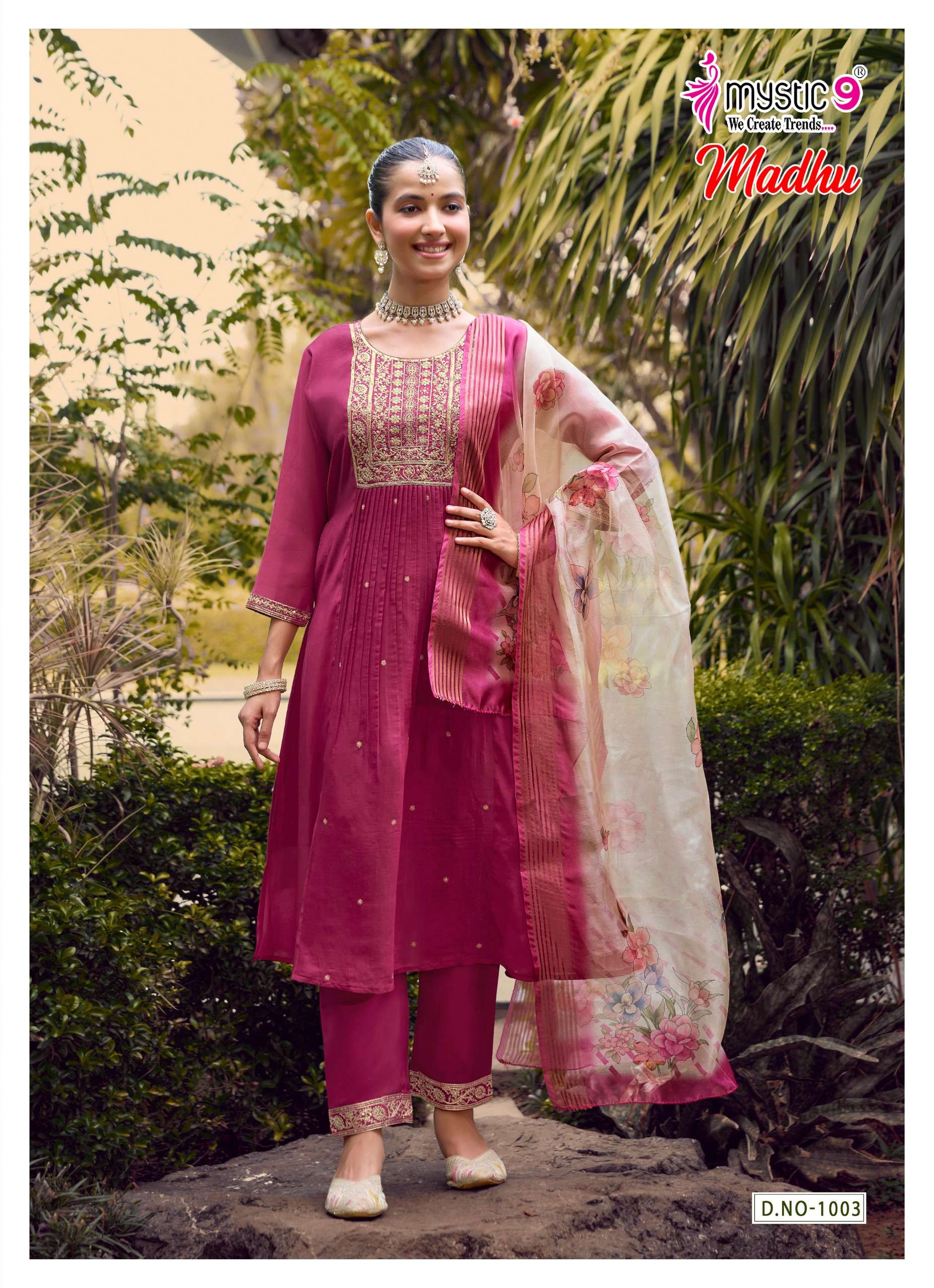 MYSTIC 9 MADHU VOL 1 CHANDERI DYED FLARED CUT CATALOGUE RUND KURTI PANT SUIT TEENAGE BUY